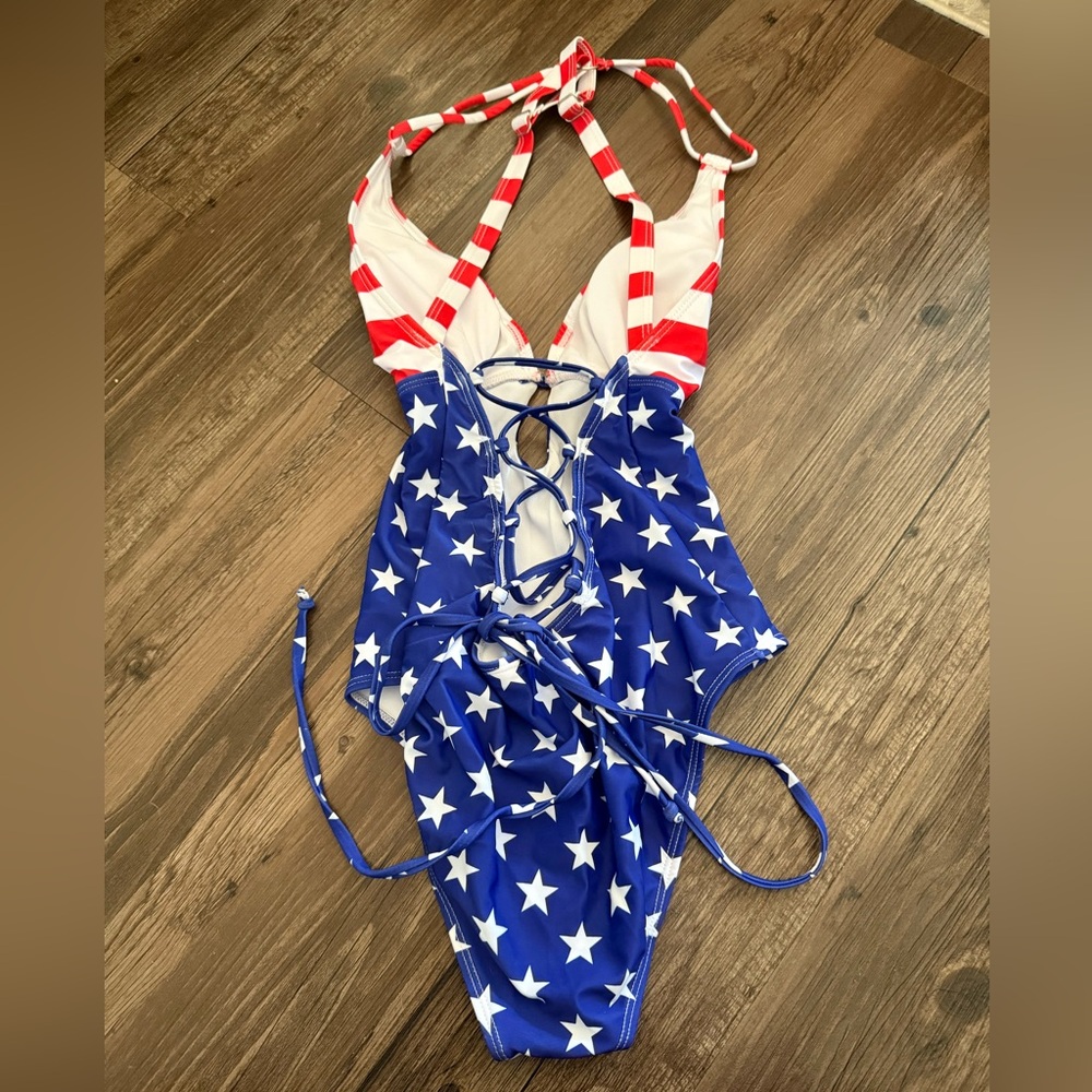 NWOT American Flag Plunge Strappy One Piece Swimsuit - Picture 7 of 14
